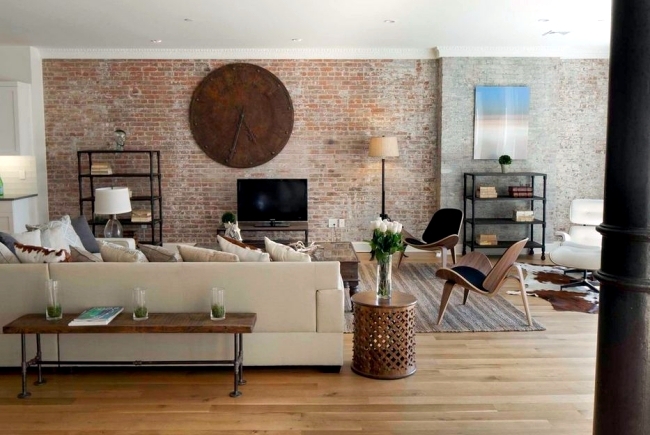 indoor grey brick living room